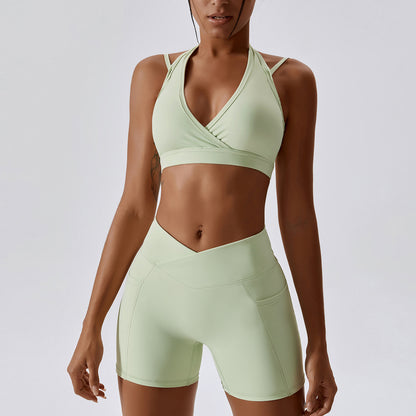 2023 Fashion Trends | Lilac Lavender Halter Sports Bra and Shorts Gym Outfit 2-piece Set