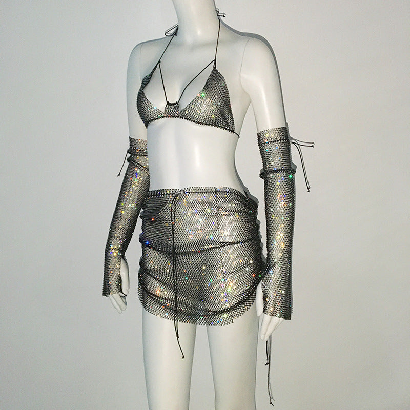 NYE Outfits 2024  Glitter Rhinestone triangle top Arm Sleeve Mini
