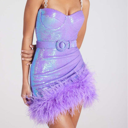Euphoria Outfits | Mermaidcore Holographic Feathers Asymmetric Mini Dress