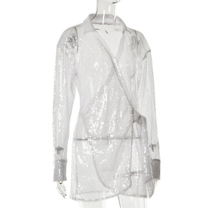 Summer Outfits | White Glitter Festival See Through Polo Mini Dress