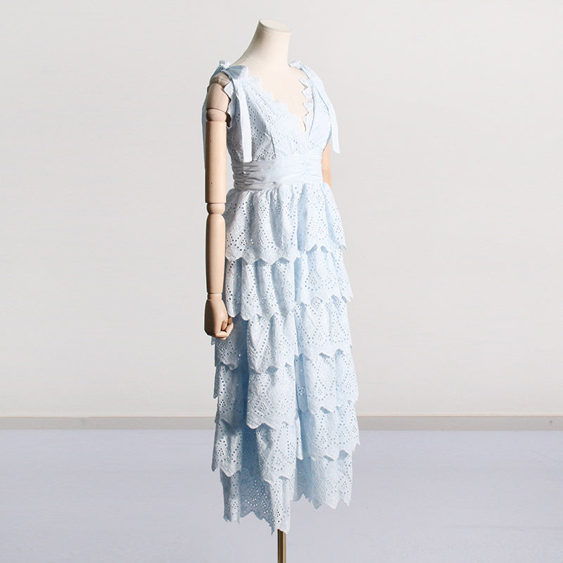 2024 Spring Dresses | Cotton French Elegant Embroidery Ruffles Maxi Dress