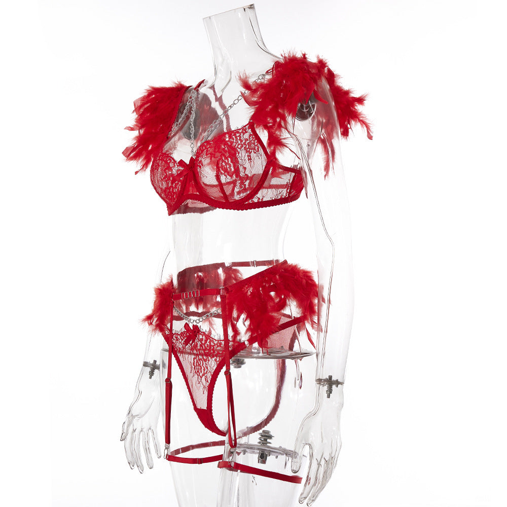 Valentines Lingerie Outfits | Red Feathers Lingerie Outfit 3-piece Set