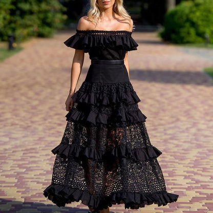 Ruffles Trend 2022 | Summer Women Clothing off-Shoulder Ruffled Hollow Wide Hem Lace Dress