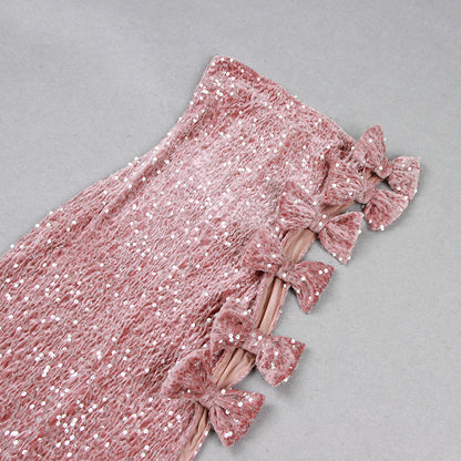 Winter Formal Dresses | Pink Glitter Sequin Bows Dress