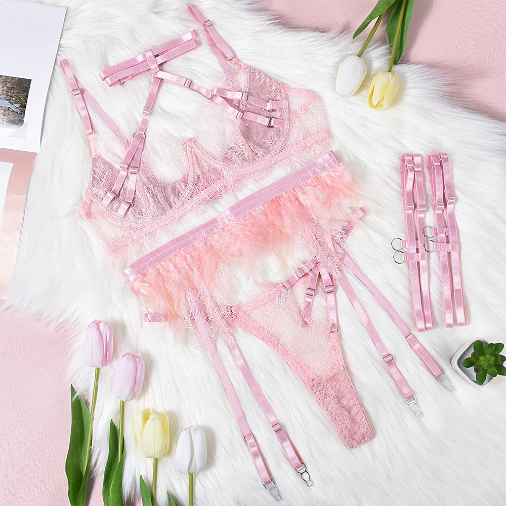 Valentines Lingerie Outfits | Pink Lace Feathers Lingerie Outfit 5-piece Set