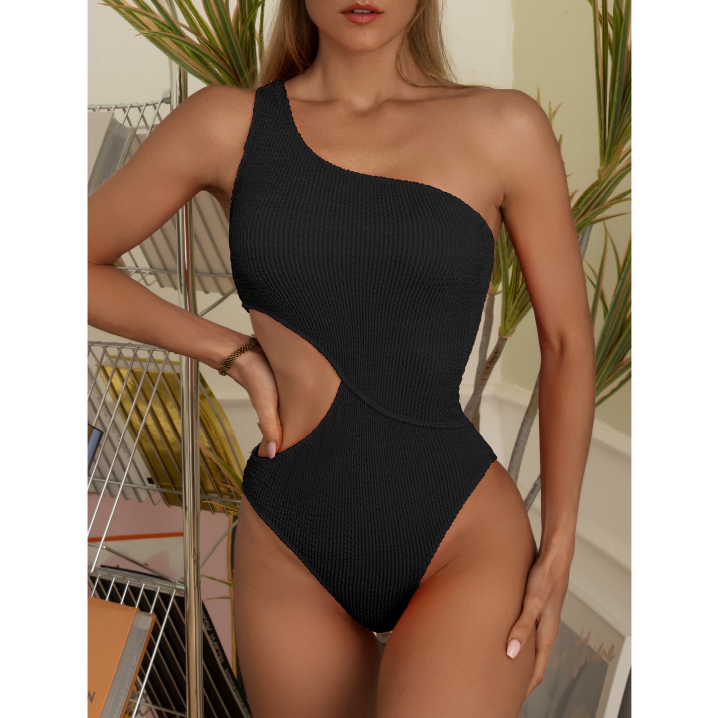 Vacation Outfits | One Shoulder Cut Out One Piece Swimsuit