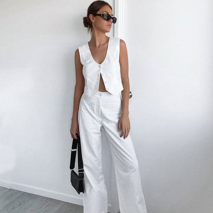 Capsule Wardrobe 2024 | Cotton Linen White Vest Pants Outfit 2-piece Set