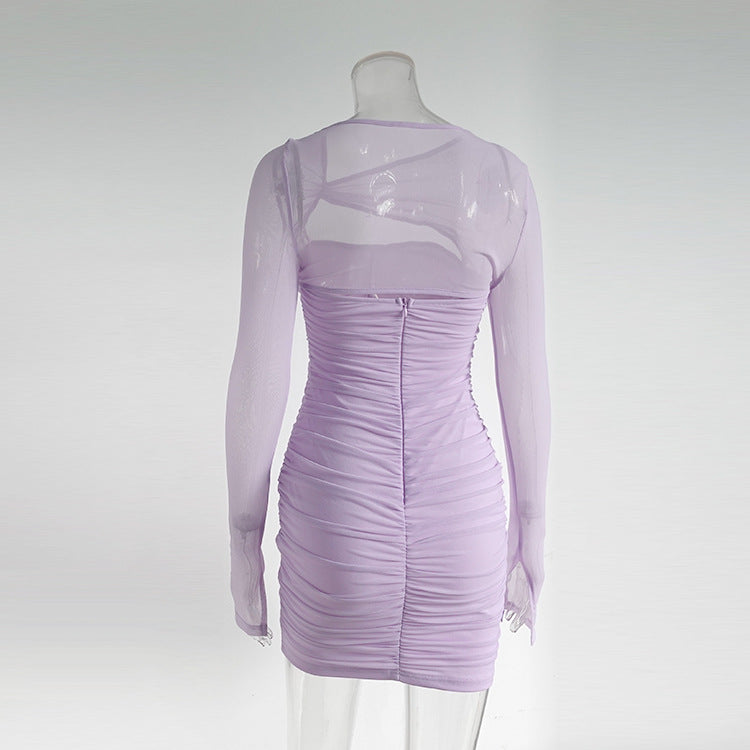 2023 Fashion Trends | Lavender Lilac See Through Sleeves Pleated Mini Dress