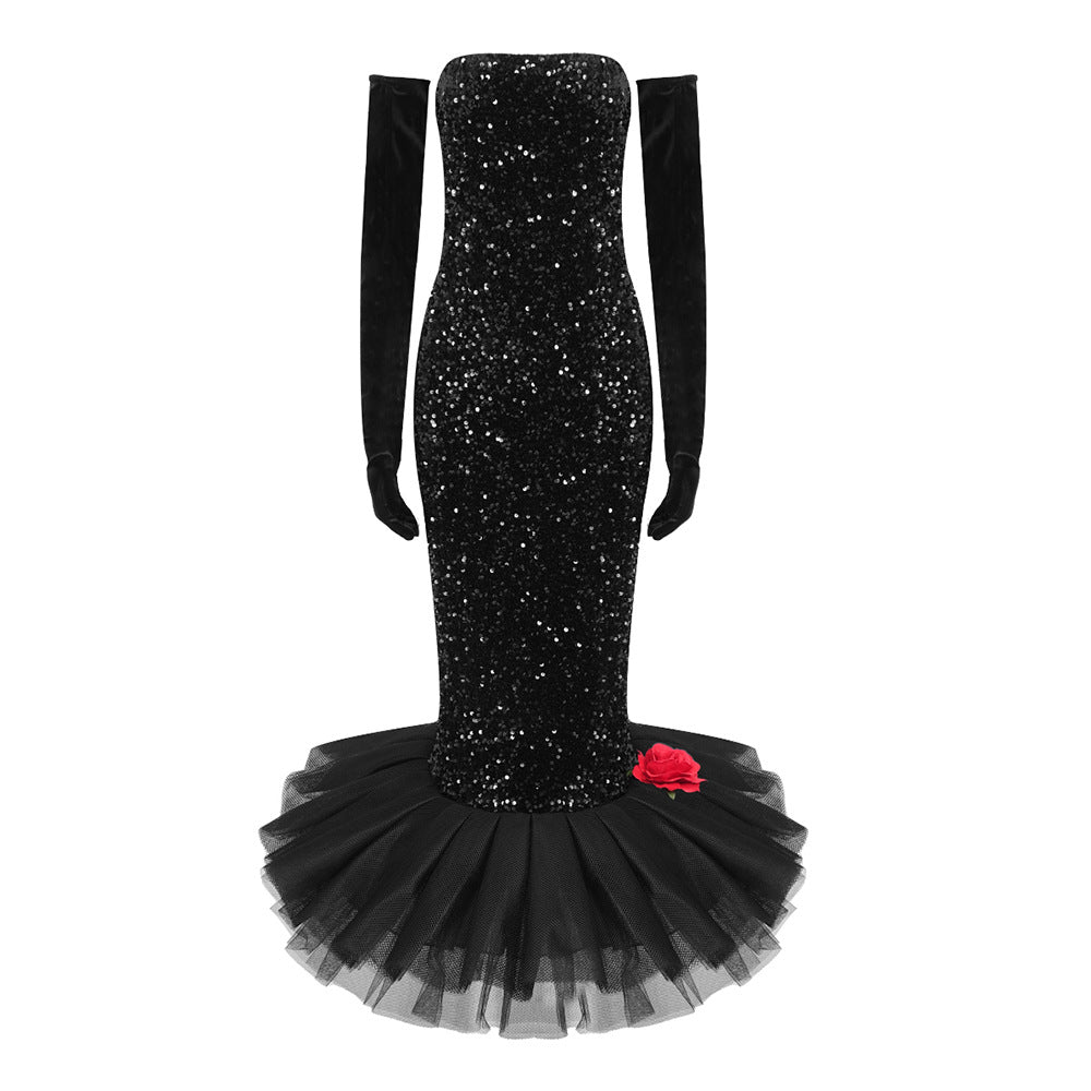 Elegant Dresses | 3D Winter Black Sequin Maxi Dress with Opera Gloves