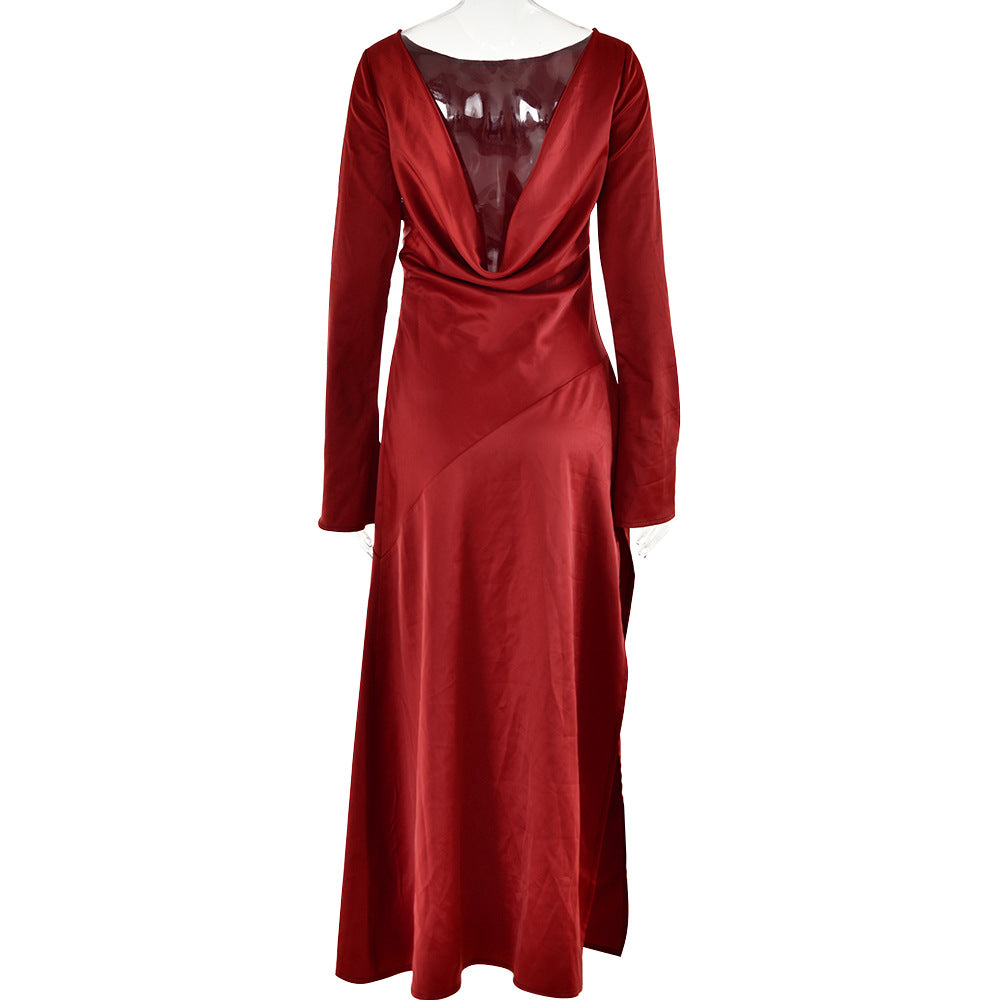 Elegant Dresses | Elegant Backless Satin Long Sleeve Winter Dress L / Coral Red Elegant Dresses | Elegant Backless Satin Long Sleeve Winter Dress L / Coral Red