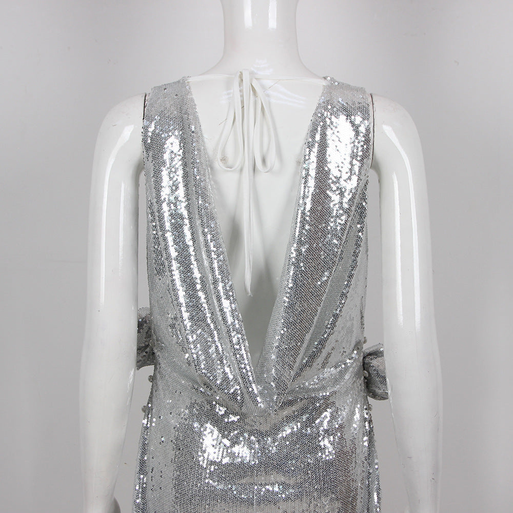 Invisible Dresselegant Backless Sleeveless Silver Dress - Spring Party  Clubwear