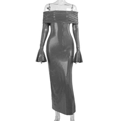 NYE Outfits 2024 | Elegant Glitter Off Shoulder Maxi Dress