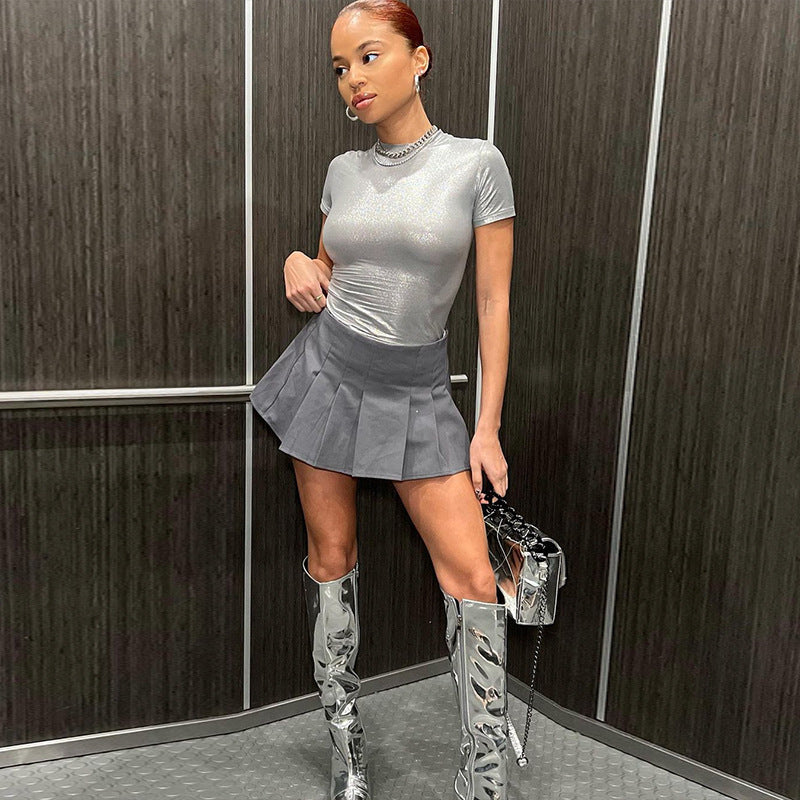 Y2K Fall Outfits | Silver Metallic Crop Top