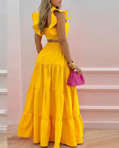 Summer Outfits 2023 | Neon Yellow Aesthetic Summer Ruffles Skirt Outfit 2- Piece Set