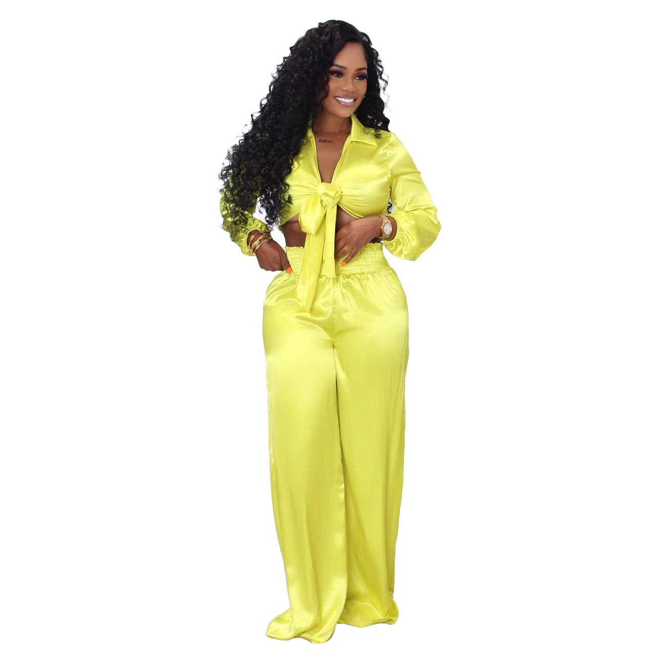 Fashion Outfits | Neon Aesthetic Front Tie Crop Top High Waist Wide Leg Pants Outfit 2-piece Set