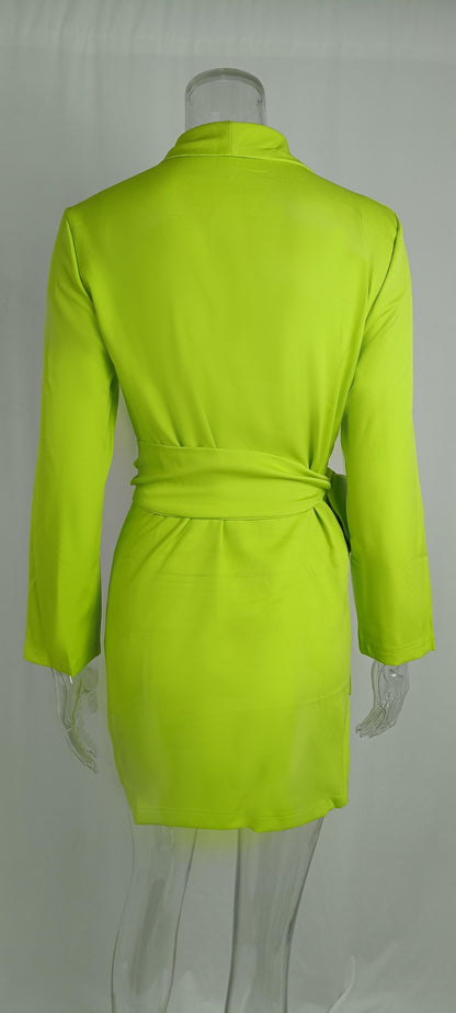 Spring Outfits 2023 | Neon Green Long Sleeve Blazer Midi Dress