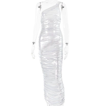 Winter Formal Dresses | Y2K Metallic One Shoulder Pleated Long Fall Dress