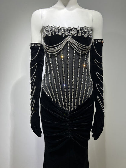 Fashion Outfits 2023 | Runway Rhinestone Corset and Opera Gloves Glitter Black Dress