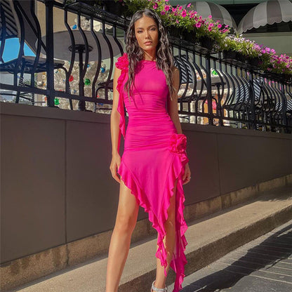 Spring Outfits 2023 | 3D Rose Sheer See Through Hot Pink Dress