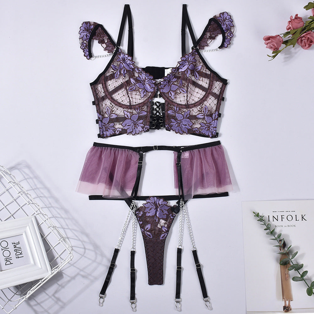 Lingerie Outfits 2023 | Lavender Purple Embroidery Lace Sleeves and Skirt Lingerie Outfit 3-Piece Set