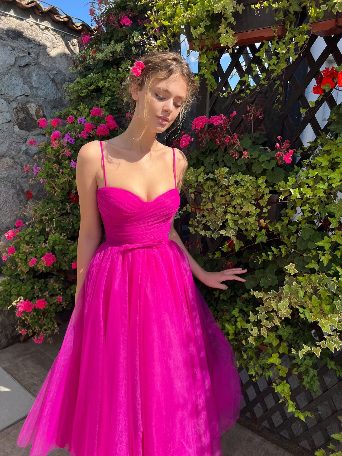 Hot Pink Prom Dresses | Hot Pink Chiffon Midi Prom Dress