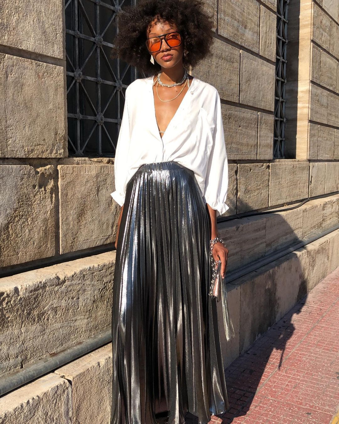 Fall Fashion Trends | Silver Metallic Chrome Pleated Maxi Skirt