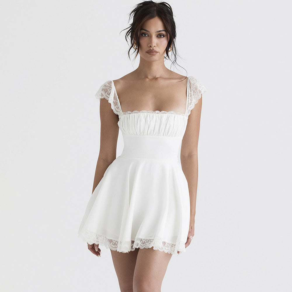 White Mini Dresses |  Lace Square Collar White Mini Dresses