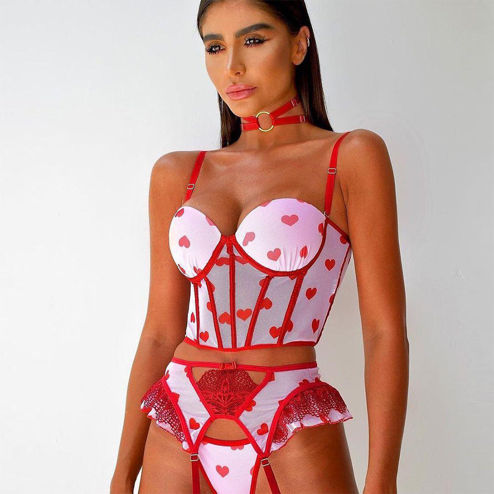 Valentines Lingerie Outfit | Red Hearts Corset Lingerie Outfit 3-piece Set
