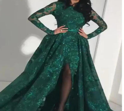 Elegant Dresses | Green Emerald Embroidery Evening Dress