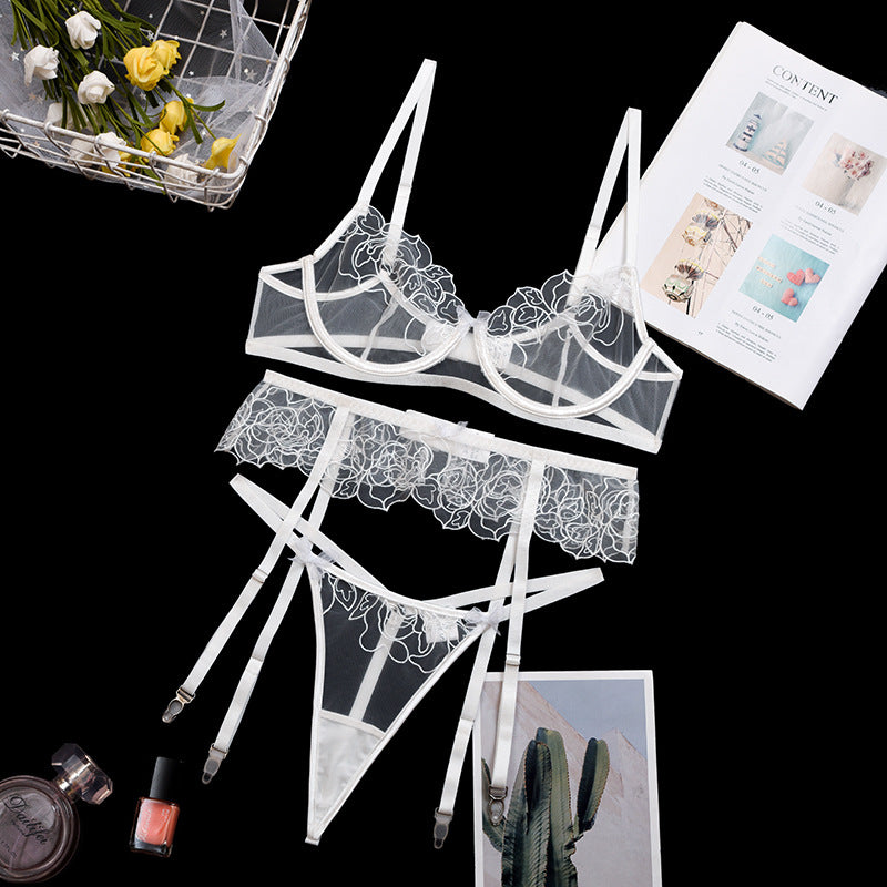 Bridal Lingerie | Floral Mesh See Through Lingerie  Outfit 3-piece Set