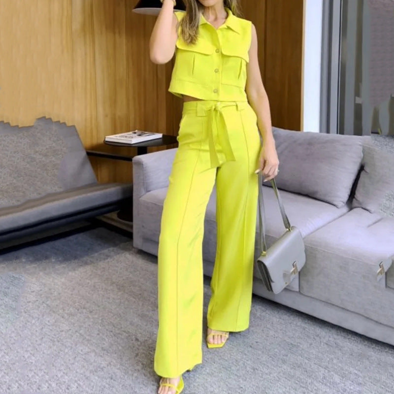 Fashion Outfits 2023 | Neon Yellow Aesthetic Loose  Collar Top and Wide Leg Pants Outfit 2-piece Set
