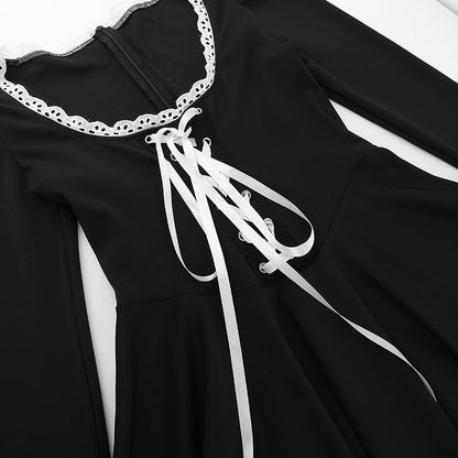 Fall Dresses | Black Square White Lace Necklace Puff Sleeve Mini Dress