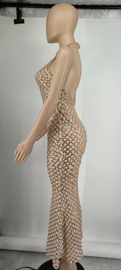 Summer Outfits | Studio 54 Gold Halter Rhinestone Dress