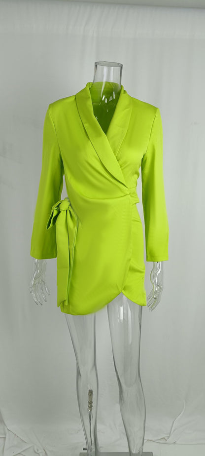 Spring Outfits 2023 | Neon Green Long Sleeve Blazer Midi Dress