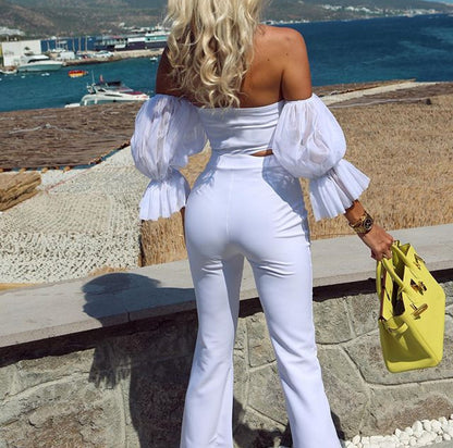 Spring Outfits 2022 | White Pants Outfit Puff Sleeve Crop Top 2-piece Set