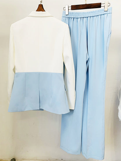 Fall Fits | White Blazer Pastel Pink Sky Blue Contrast Wide Leg Pants Outfit
