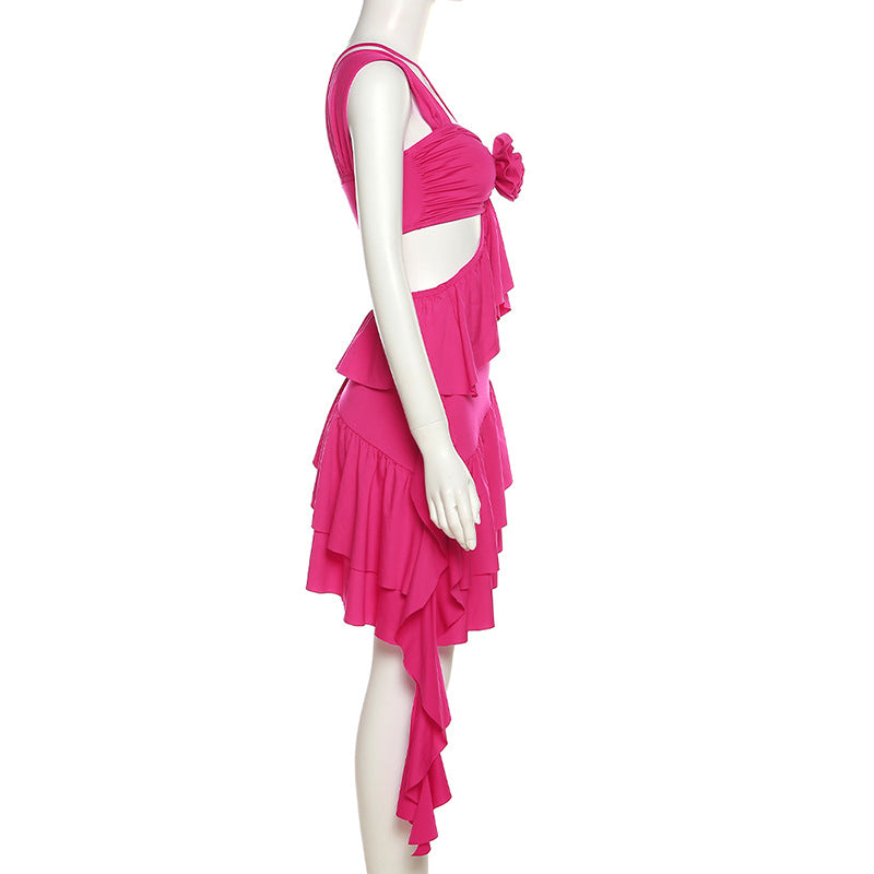 Summer Dresses | Hot Pink Summer Cutout Asymmetric 3D Floral Mini Dress