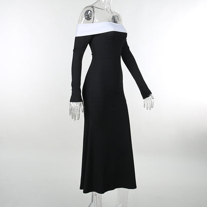 Winter Formal Dresses | Elegant White Contrack Off Shoulder Black Dress