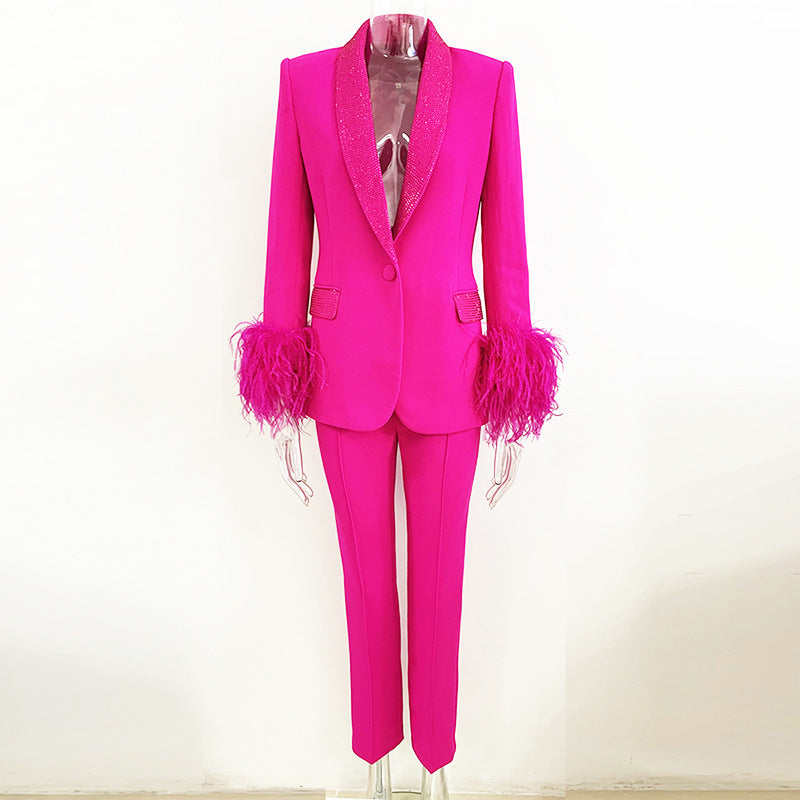Fall 2023 Fashion Trends | Hot Pink Rhinestone and Feathers Aesthetic Blazer Pants Outfit