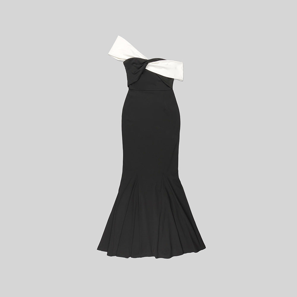 2023 Fashion Trends | White Twisted Shoulder Mermaid Black Dress