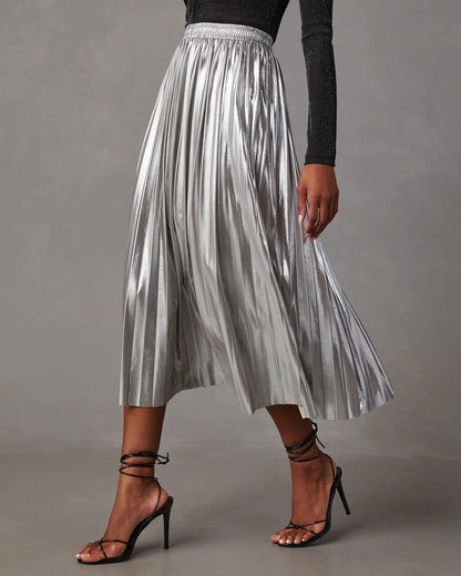 Y2K Fall Outfits | Silver Metallic Maxi Skirt