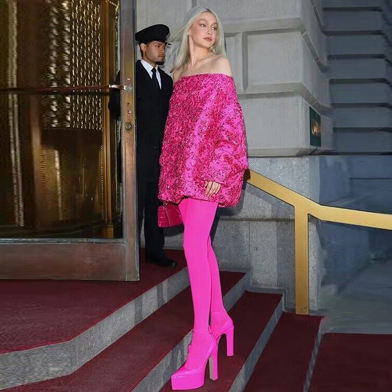 Fashion Trends 2023 | Hot Pink Beads Rhinestones Off Shoulder Mini Dress Shoe Tights Outfit