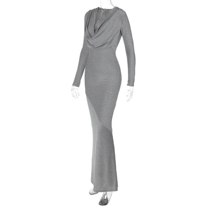 Long Dress Outfit | Deep V Elegant Gray Maxi Dress