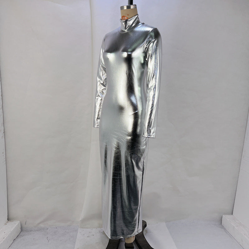 Y2K Fall Outfits | Silver Metallic Turtleneck Maxi Dress