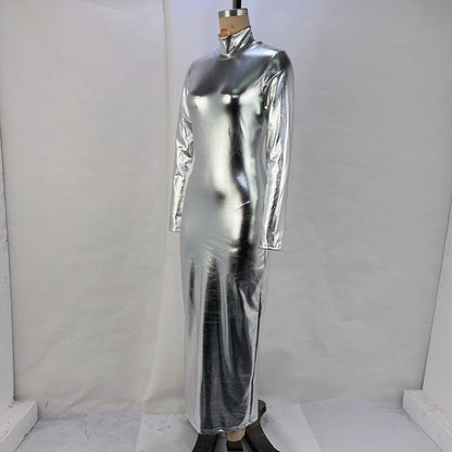 Y2K Fall Outfits | Silver Metallic Turtleneck Maxi Dress