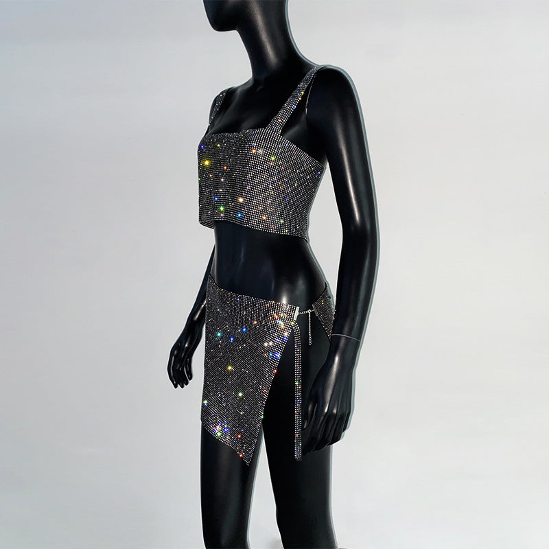 Glitter Diamond Rhinestone Crop Top Mini Skirt Outfit 2-piece Set