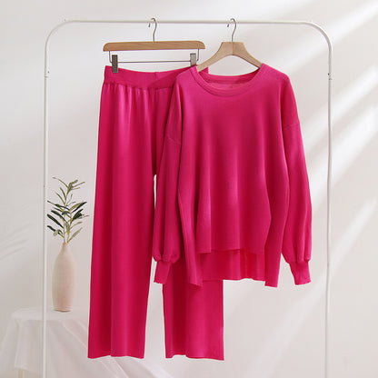 Fall 2023 Fashion Trends |  Hot Pink Loose Casual Knit Sweater Outfit 2-piece Set