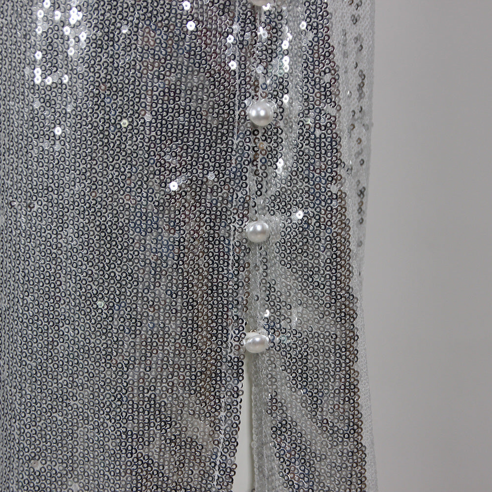 NYE Outfits 2024 | 3D Floral Silver Sequin Split Backless Dress