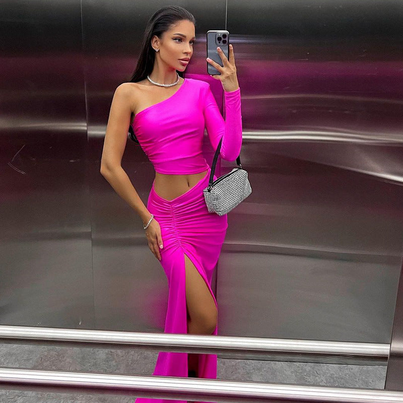 2023 Fashion Trends | Hot Pink One Shoulder Cut Out Pleated Dress