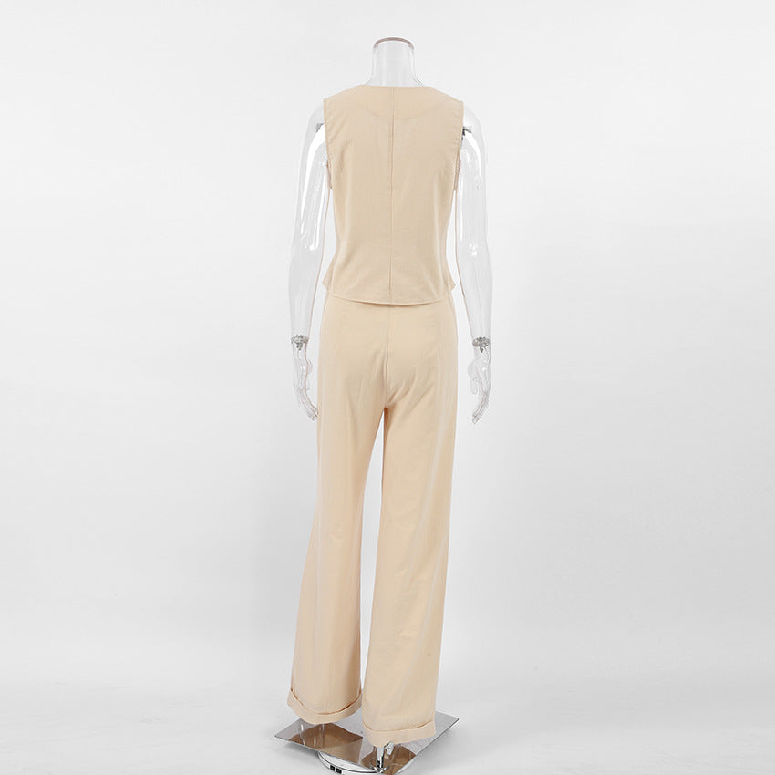Capsule Wardrobe 2023 | Cotton Linen Vest Wide Leg Pants Summer Work Outfit 2-piece Set